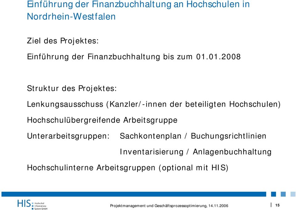 01.2008 Struktur des Projektes: Lenkungsausschuss (Kanzler/-innen der beteiligten Hochschulen)