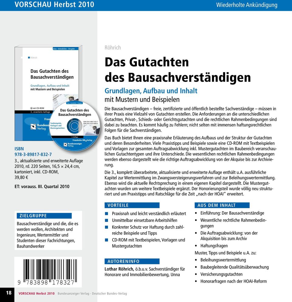 Quartal 2010 Röhrich Das Gutachten des Bausachverständigen Textbeispiele, Vorlagen und Mustergutachten CD-ROM 3.