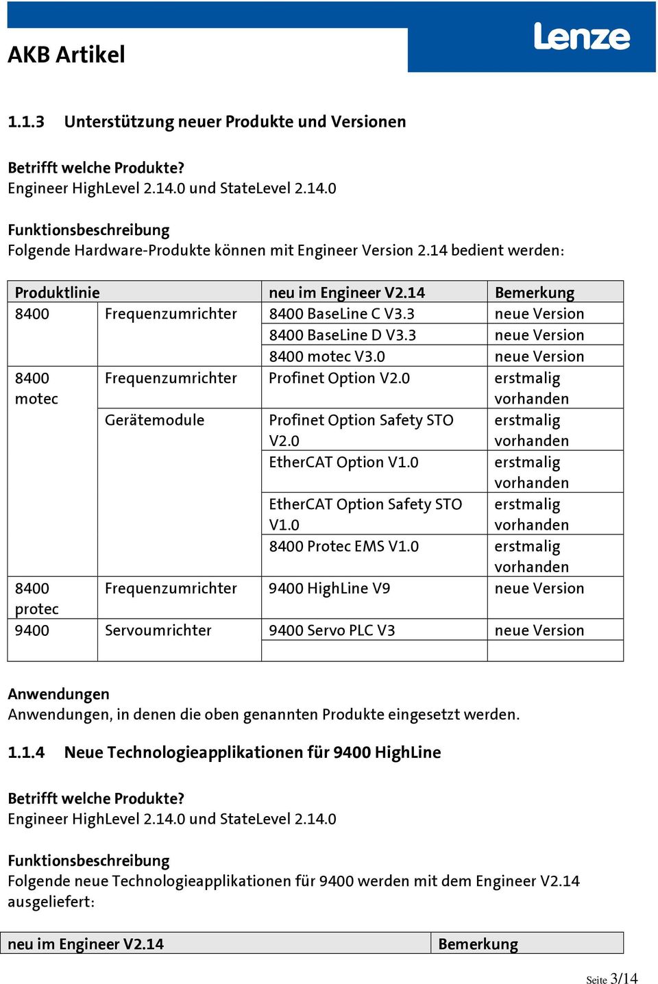 0 erstmalig vorhanden Gerätemodule Profinet Option Safety STO V2.0 erstmalig vorhanden EtherCAT Option V1.0 erstmalig vorhanden EtherCAT Option Safety STO V1.0 erstmalig vorhanden 8400 Protec EMS V1.