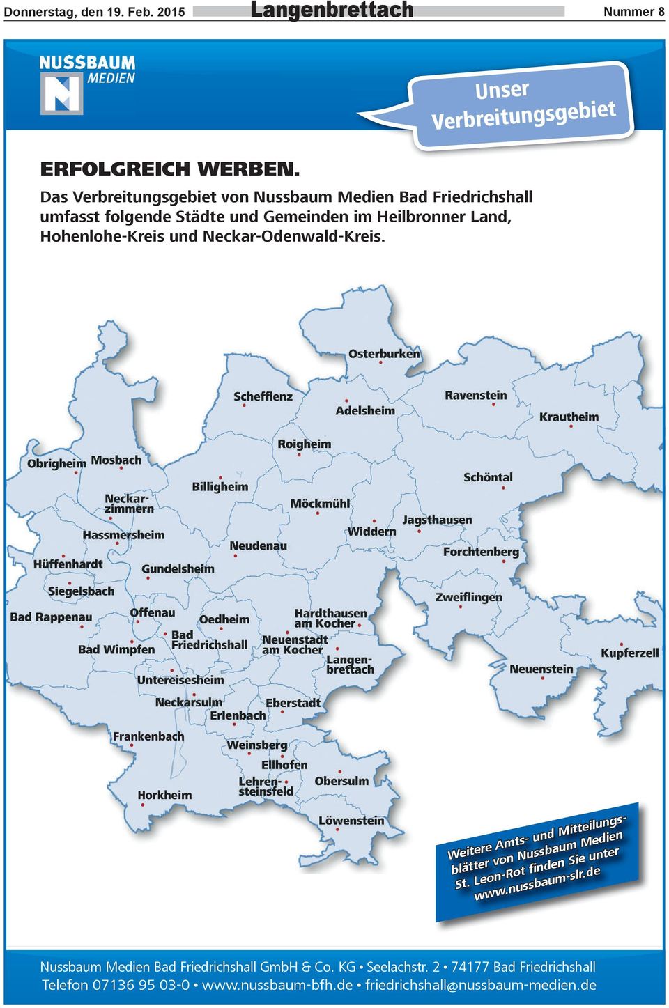Hohenlohe-Kreis und Neckar-Odenwald-Kreis. Frankenbach Horkheim Weitere Amts- und Mitteilungsblätter von Nussbaum Medien St.