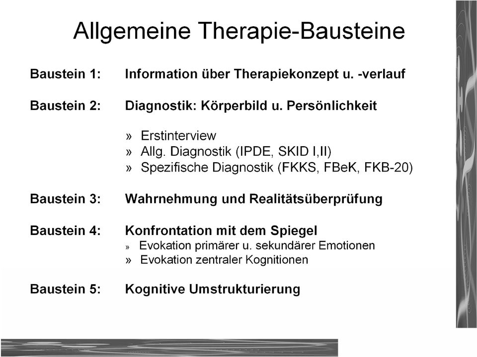 Diagnostik (IPDE, SKID I,II)» Spezifische Diagnostik (FKKS, FBeK, FKB-20) Baustein 3: Baustein 4: Baustein 5: