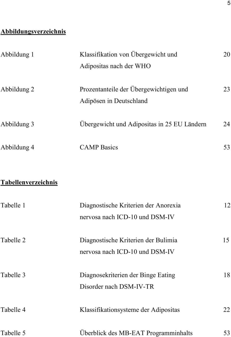 Kriterien der Anorexia 12 nervosa nach ICD-10 und DSM-IV Tabelle 2 Diagnostische Kriterien der Bulimia 15 nervosa nach ICD-10 und DSM-IV Tabelle 3