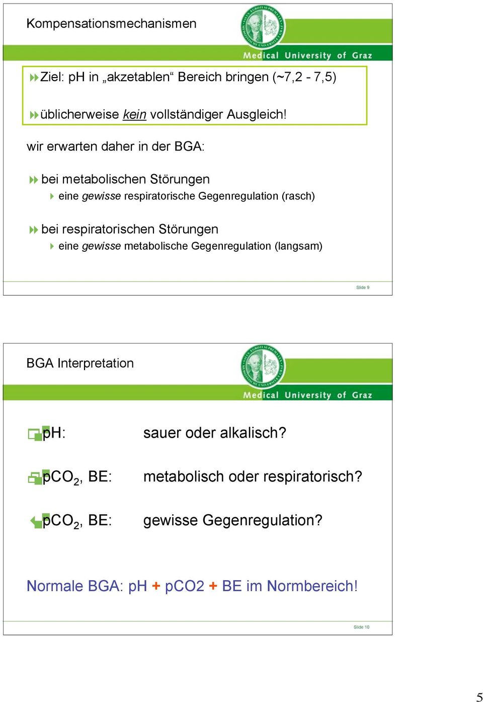 respiratorischen Störungen eine gewisse metabolische Gegenregulation (langsam) Slide 9 BGA Interpretation : sauer oder