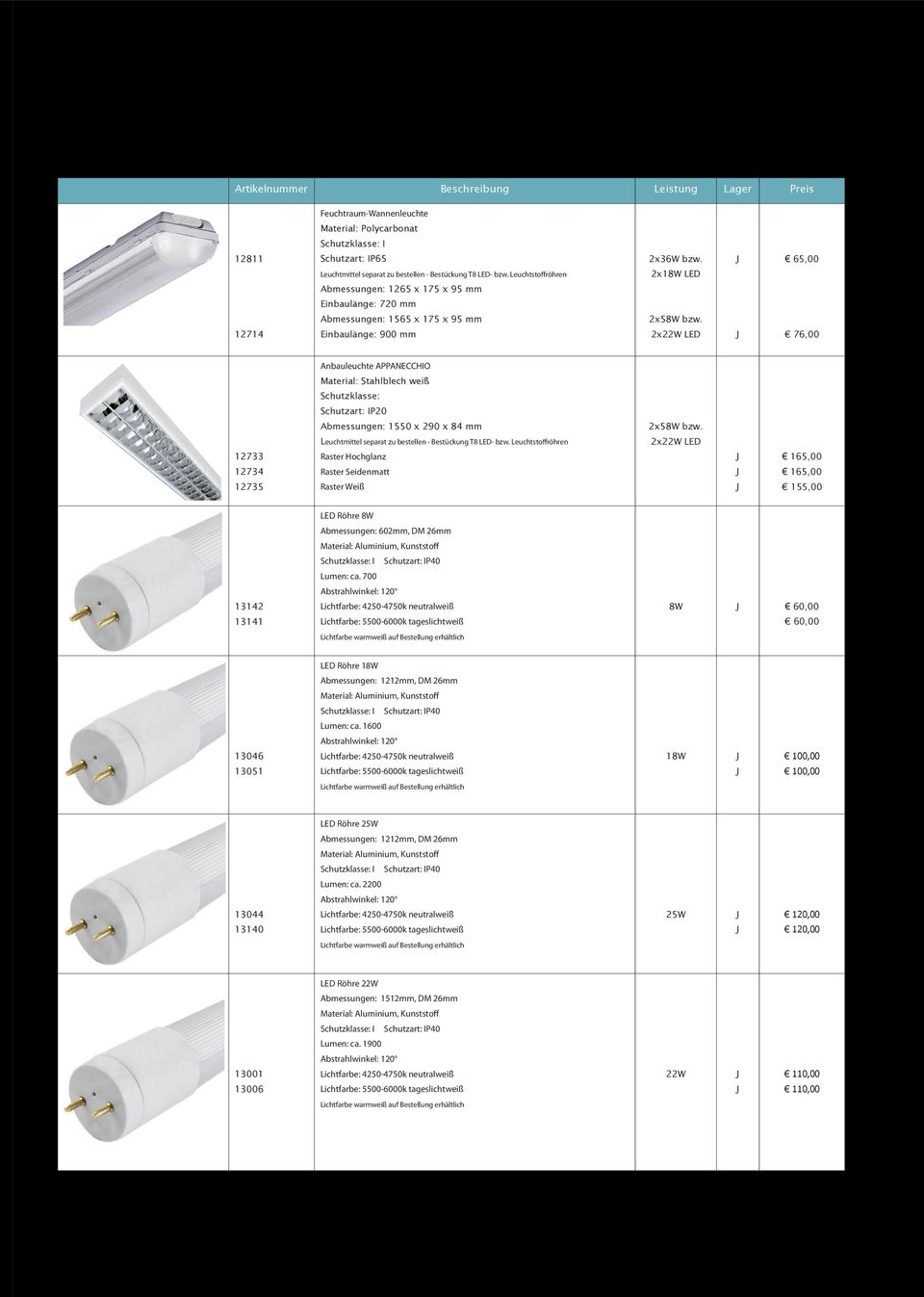 2x22W LED 65,00 76,00 Anbauleuchte APPAECCHIO Material: Stahlblech weiß Schutzklasse: 12733 12734 12735 Abmessungen: 1550 x 290 x 84 mm Leuchtmittel separat zu bestellen - Bestückung T8 LED- bzw.