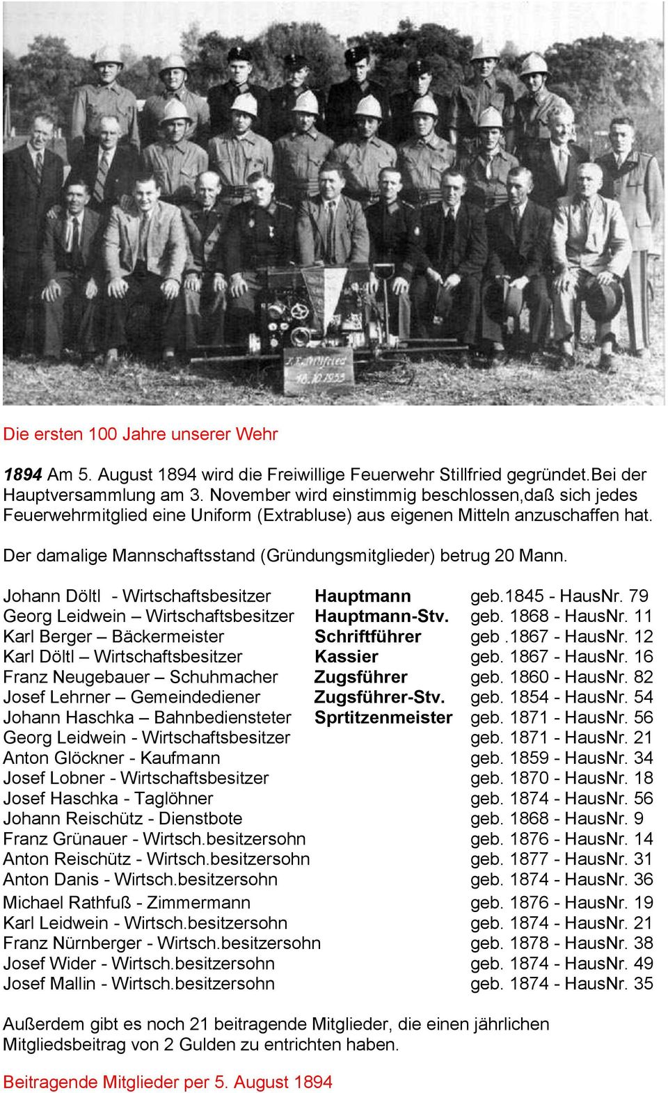 Der damalige Mannschaftsstand (Gründungsmitglieder) betrug 20 Mann. Johann Döltl - Wirtschaftsbesitzer Hauptmann geb.1845 - HausNr. 79 Georg Leidwein Wirtschaftsbesitzer Hauptmann-Stv. geb. 1868 - HausNr.