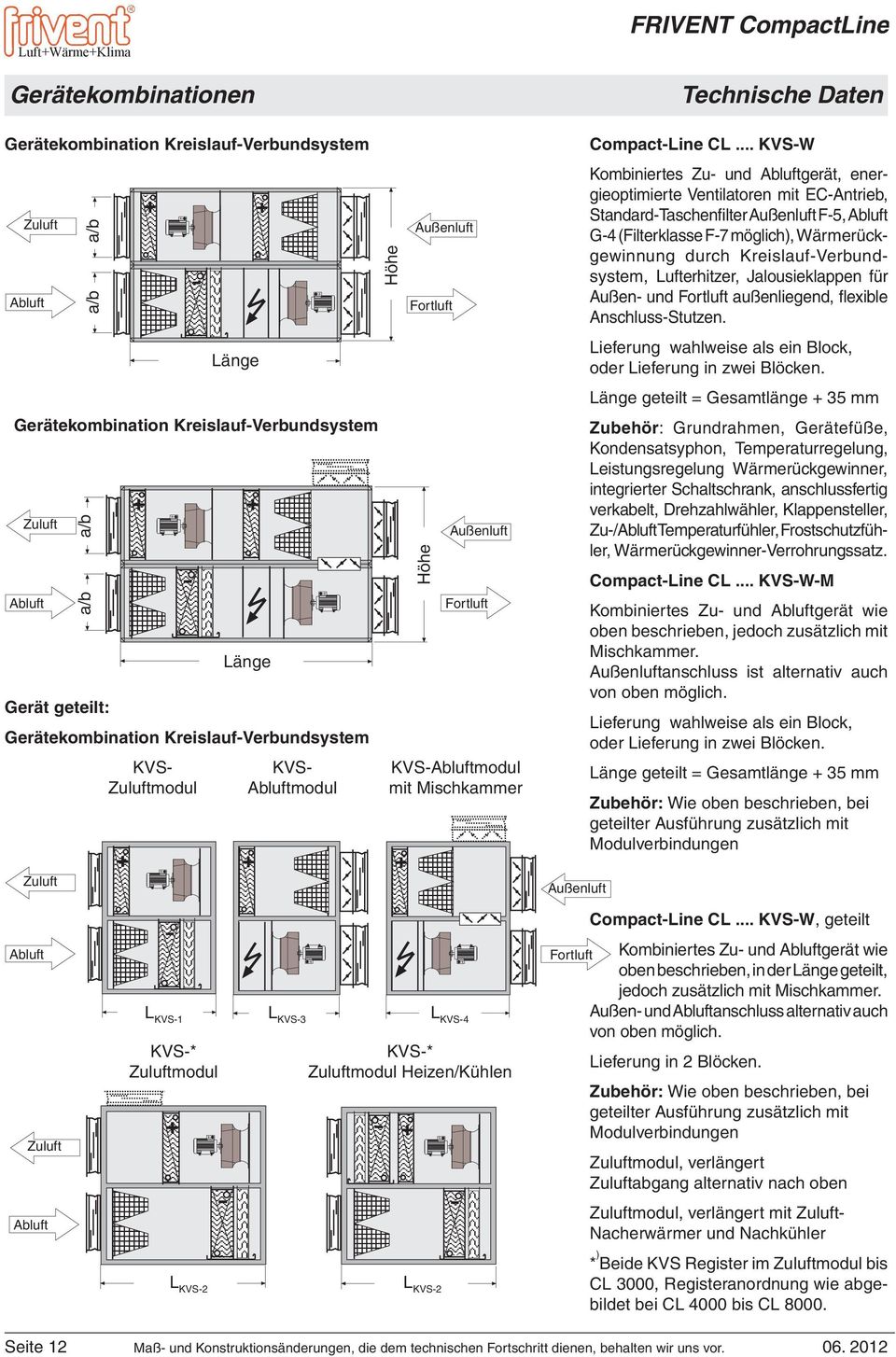 CL... KVS- Kombiniertes Zu- und Abluftgerät, energieoptimierte Ventilatoren mit EC-Antrieb, Standard-Taschenfilter Außenluft F-5, Abluft G-4 (Filterklasse F-7 möglich), ärmerückge win nung durch