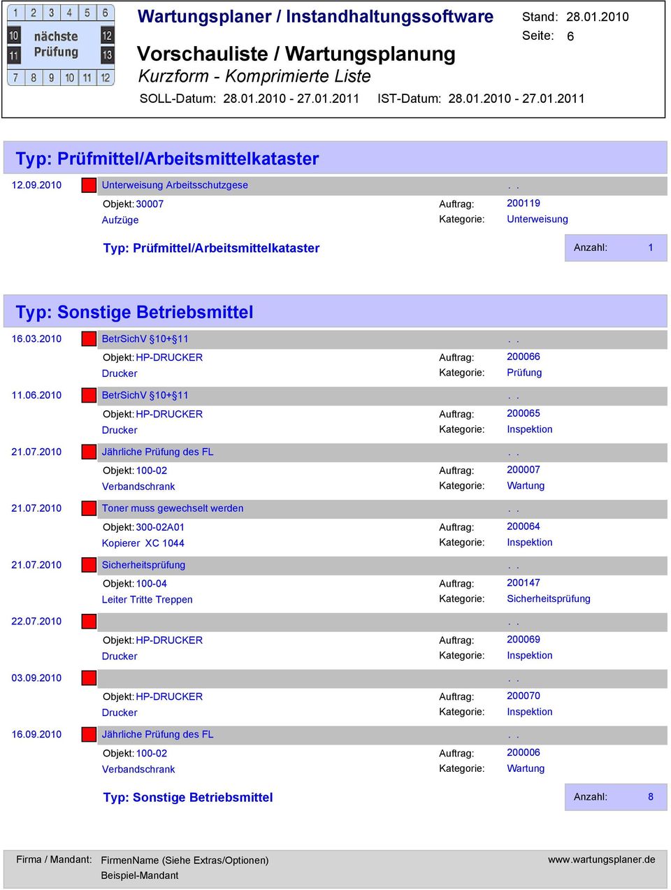 07.2010 Jährliche Prüfung des FL.. Objekt: 100-02 200007 Verbandschrank 21.07.2010 Toner muss gewechselt werden.. Objekt: 300-02A01 Kopierer XC 1044 200064 Inspektion 21.07.2010 Sicherheitsprüfung.