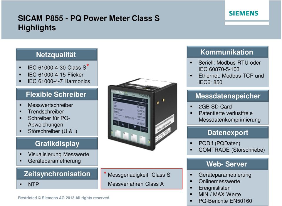 Class S Messverfahren Class A Kommunikation Seriell: Modbus RTU oder IEC 60870-5-103 Ethernet: Modbus TCP und IEC61850 Messdatenspeicher 2GB SD Card Patentierte