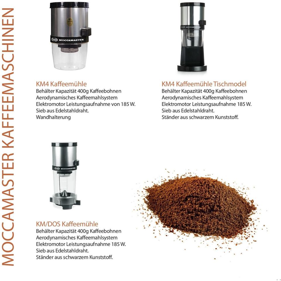 Wandhalterung KM/DOS Kaffeemühle Behälter Kapazität 400g Kaffeebohnen Aerodynamisches Kaffeemahlsystem Elektromotor Leistungsaufnahme 185 W.