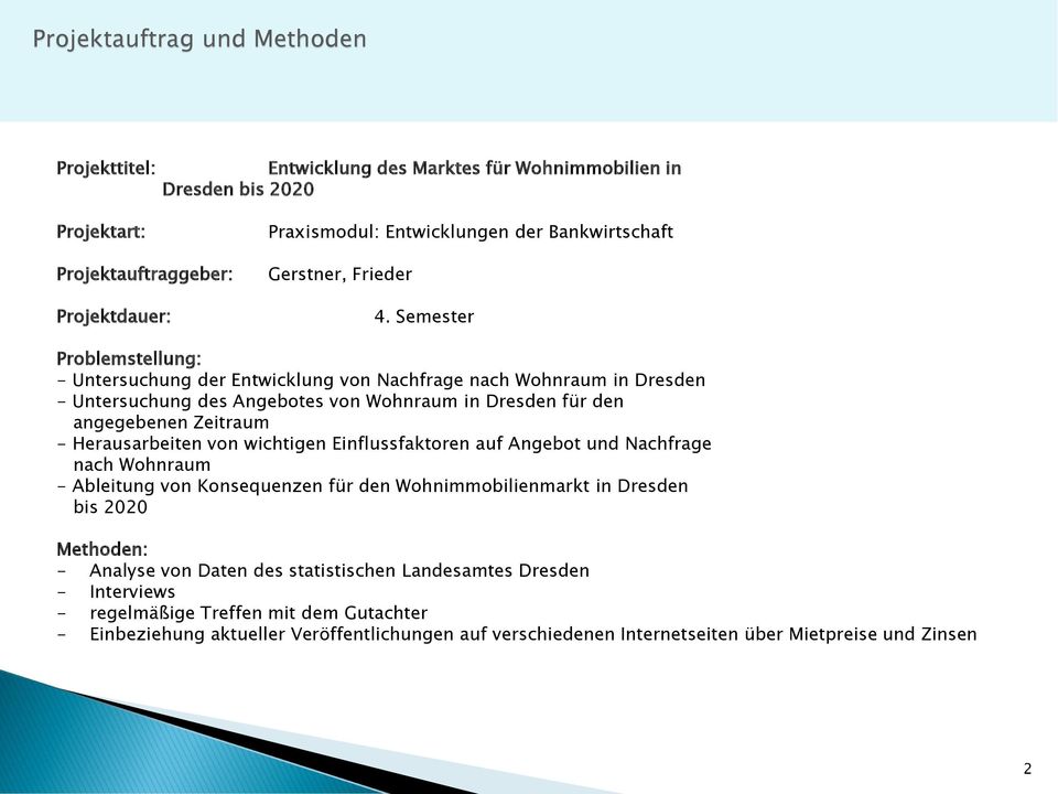 Semester Problemstellung: - Untersuchung der Entwicklung von Nachfrage nach Wohnraum in Dresden - Untersuchung des Angebotes von Wohnraum in Dresden für den angegebenen Zeitraum - Herausarbeiten