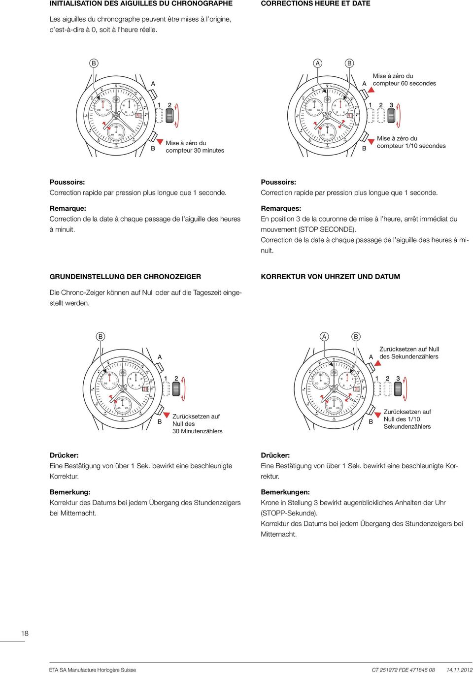 Remarque: Correction de la date à chaque passage de l aiguille des heures à minuit. Poussoirs: Correction rapide par pression plus longue que 1 seconde.