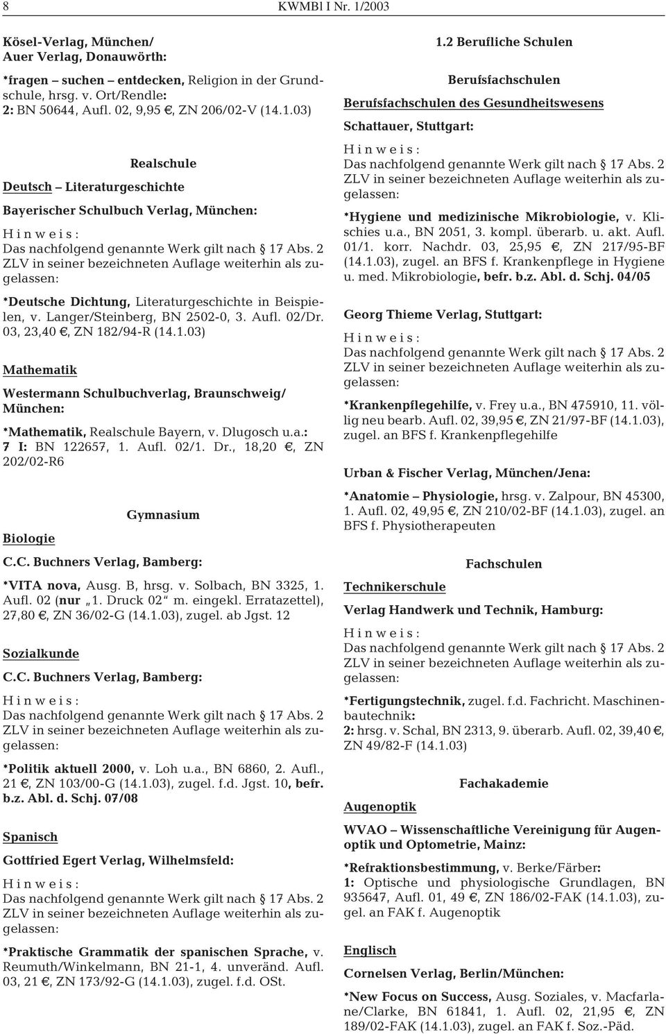 Aufl. 02/1. Dr., 18,20 A, ZN 202/02-R6 Gymnasium Biologie C.C. Buchners Verlag, Bamberg: *VITA nova, Ausg. B, hrsg. v. Solbach, BN 3325, 1. Aufl. 02 (nur 1. Druck 02 m. eingekl.