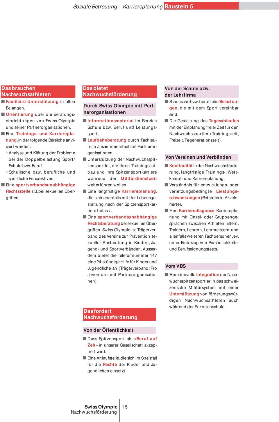 Eine Trainings- und Karriereplanung,in der folgende Bereiche anvisiert werden: Analyse und Klärung der Probleme bei der Doppelbelastung Sport/ Schule bzw. Beruf. Schulische bzw.