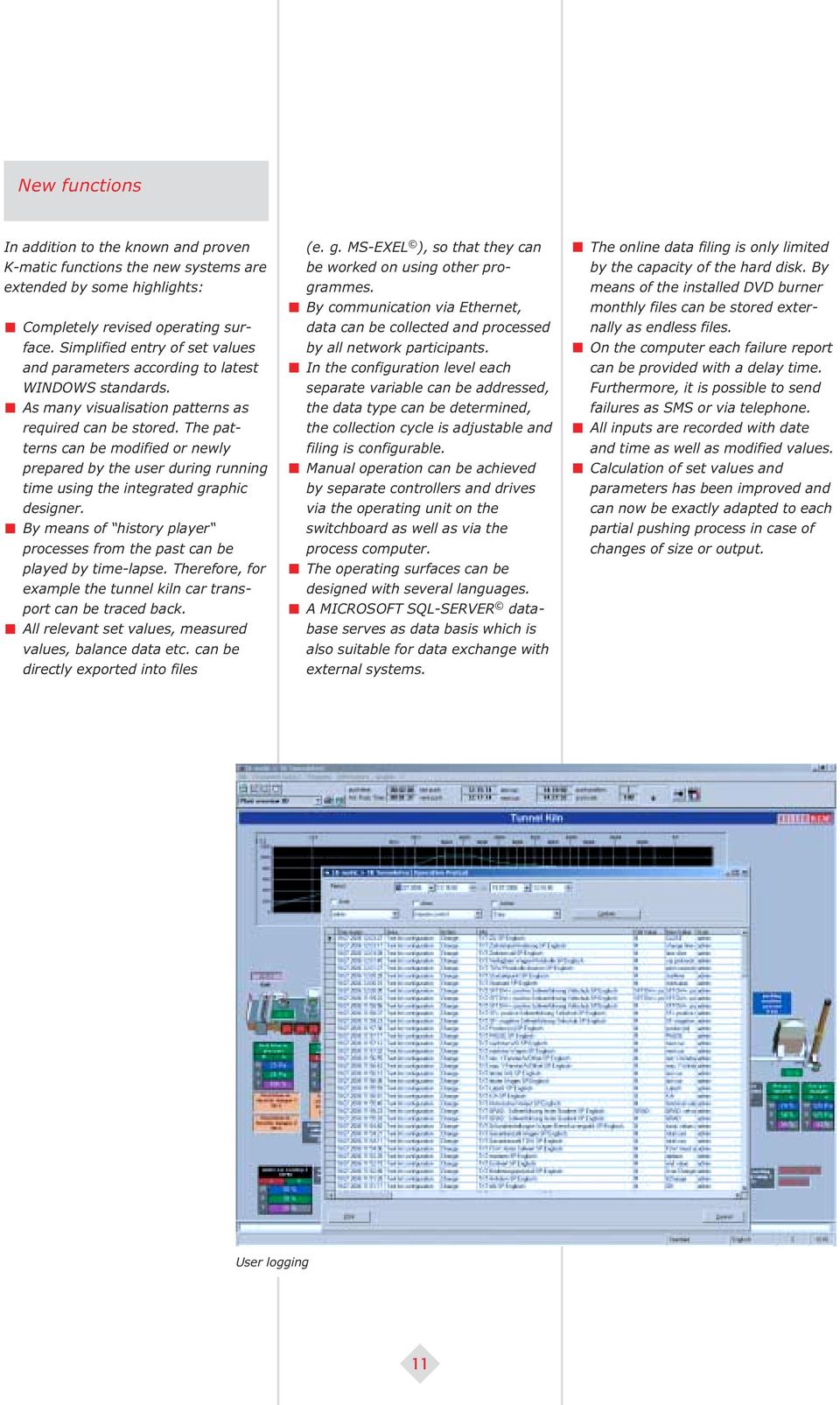 The patterns can be modified or newly prepared by the user during running time using the integrated graphic designer. By means of history player processes from the past can be played by time-lapse.