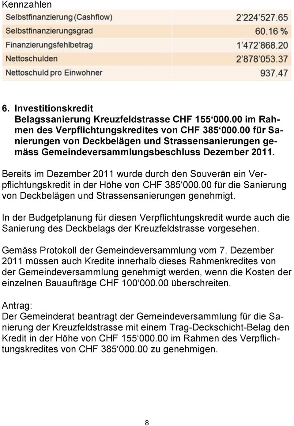 Bereits im Dezember 2011 wurde durch den Souverän ein Verpflichtungskredit in der Höhe von CHF 385 000.00 für die Sanierung von Deckbelägen und Strassensanierungen genehmigt.