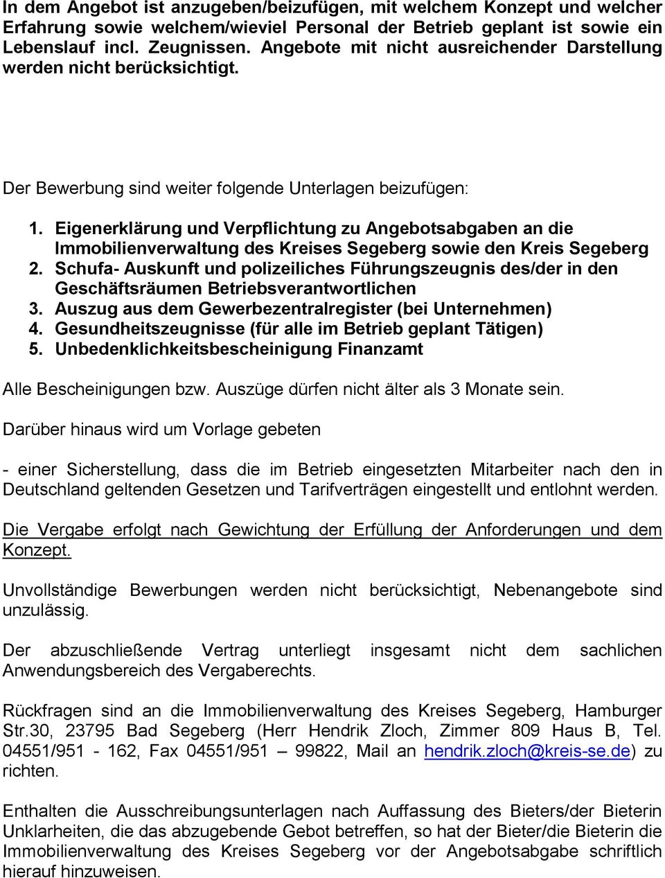 Eigenerklärung und Verpflichtung zu Angebotsabgaben an die Immobilienverwaltung des Kreises Segeberg sowie den Kreis Segeberg 2.