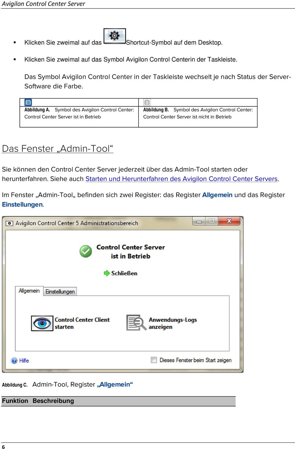 Symbol des Avigilon Control Center: Control Center Server ist in Betrieb Abbildung B.