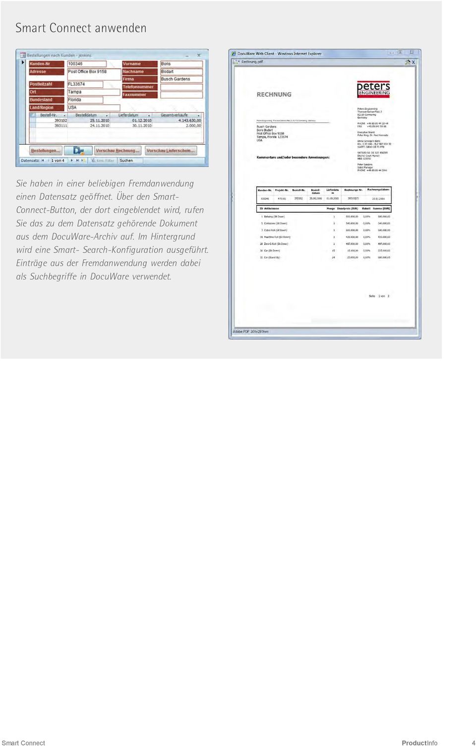 Dokument aus dem DocuWare-Archiv auf. Im Hintergrund wird eine Smart- Search-Konfiguration ausgeführt.