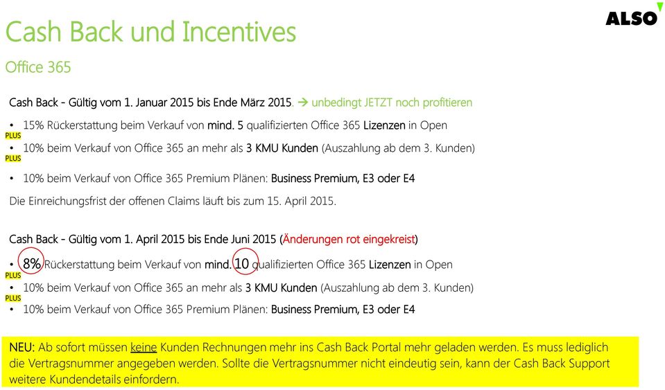 Kunden) 10% beim Verkauf von Office 365 Premium Plänen: Business Premium, E3 oder E4 Die Einreichungsfrist der offenen Claims läuft bis zum 15. April 2015. Cash Back - Gültig vom 1.