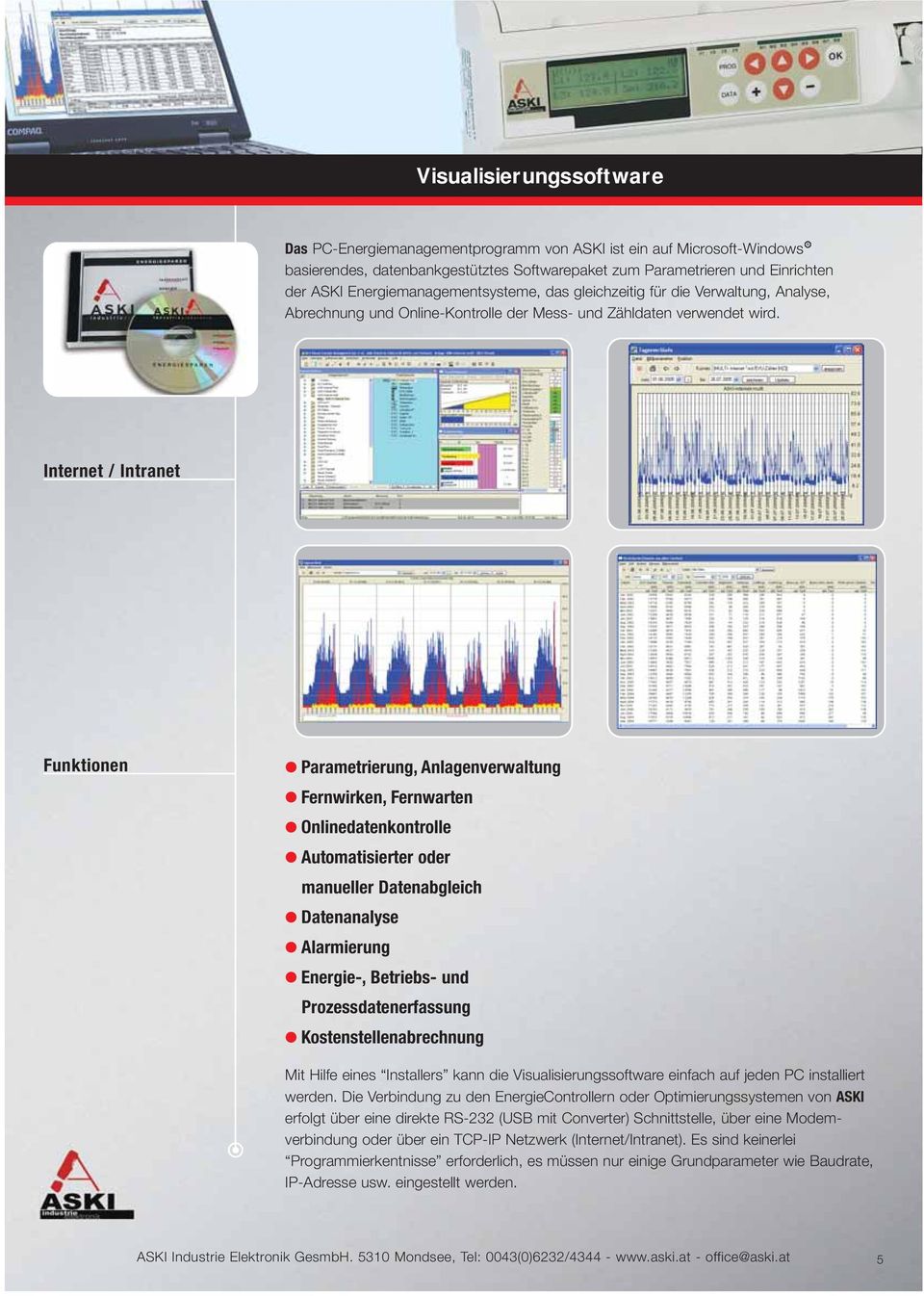 Internet / Intranet Funktionen Parametrierung, Anlagenverwaltung Fernwirken, Fernwarten Onlinedatenkontrolle Automatisierter oder manueller Datenabgleich Datenanalyse Alarmierung Energie-, Betriebs-