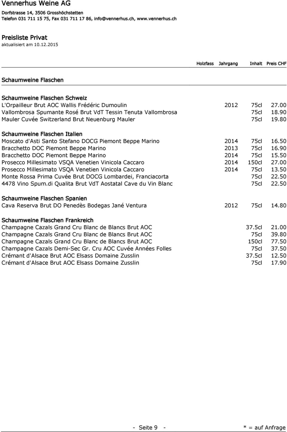 50 Bracchetto DOC Piemont Beppe Marino 2013 75cl 16.90 Bracchetto DOC Piemont Beppe Marino 2014 75cl 15.50 Prosecco Millesimato VSQA Venetien Vinicola Caccaro 2014 150cl 27.