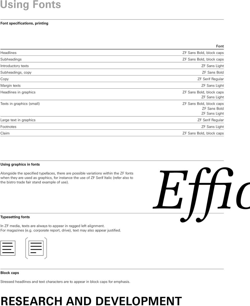 Sans Light ZF Serif Regular ZF Sans Light ZF Sans Bold, block caps Using graphics in fonts Alongside the specified typefaces, there are possible variations within the ZF fonts when they are used as