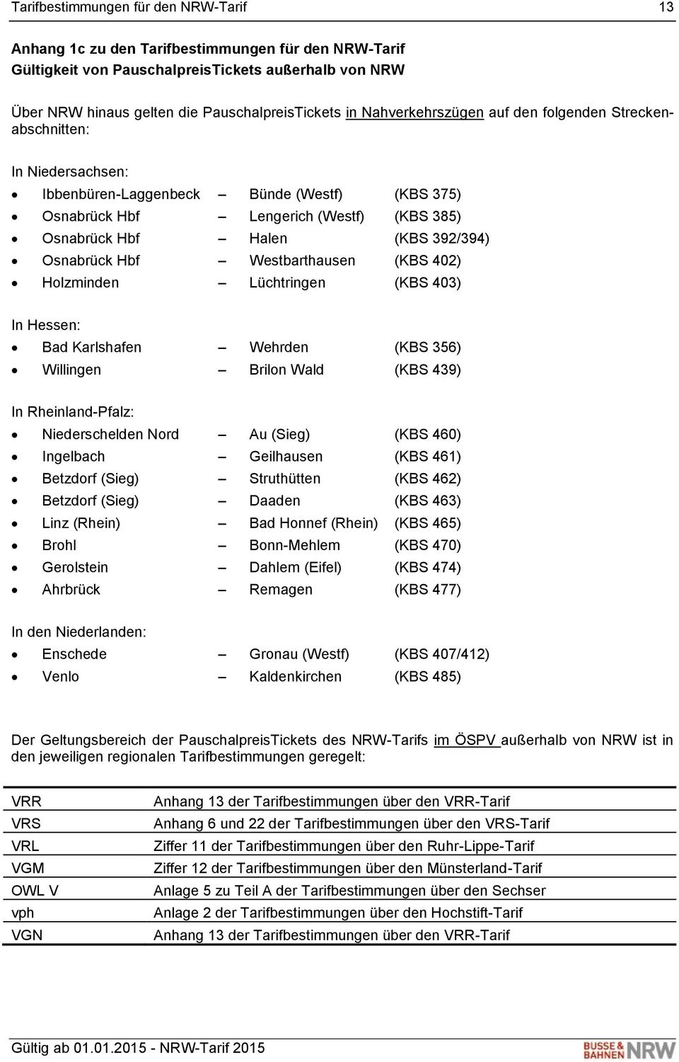 Osnabrück Hbf Westbarthausen (KBS 402) Holzminden Lüchtringen (KBS 403) In Hessen: Bad Karlshafen Wehrden (KBS 356) Willingen Brilon Wald (KBS 439) In Rheinland-Pfalz: Niederschelden Nord Au (Sieg)