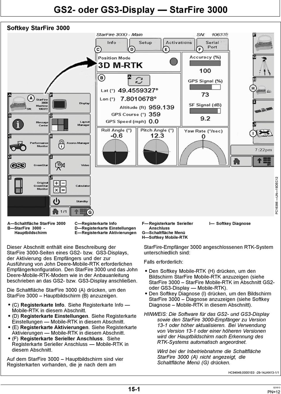 GS2- bzw. GS3-Displays, der Aktivierung des Empfängers und der zur Ausführung von John Deere-Mobile-RTK erforderlichen Empfängerkonfiguration.