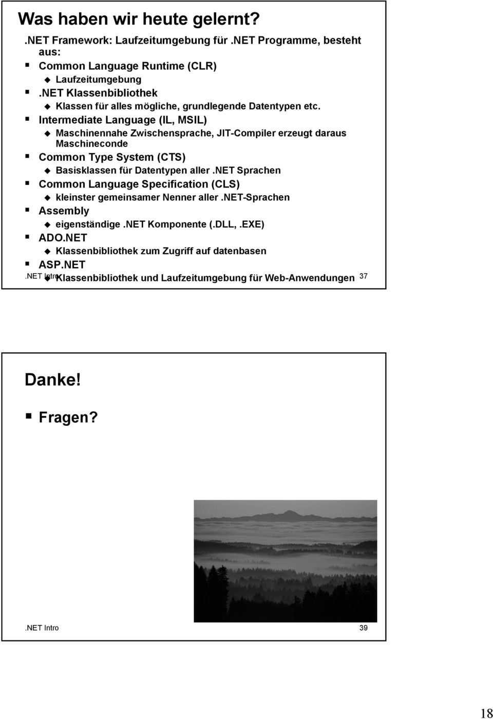 Intermediate Language (IL, MSIL) Maschinennahe Zwischensprache, JIT-Compiler erzeugt daraus Maschineconde Common Type System (CTS) Basisklassen für Datentypen aller.