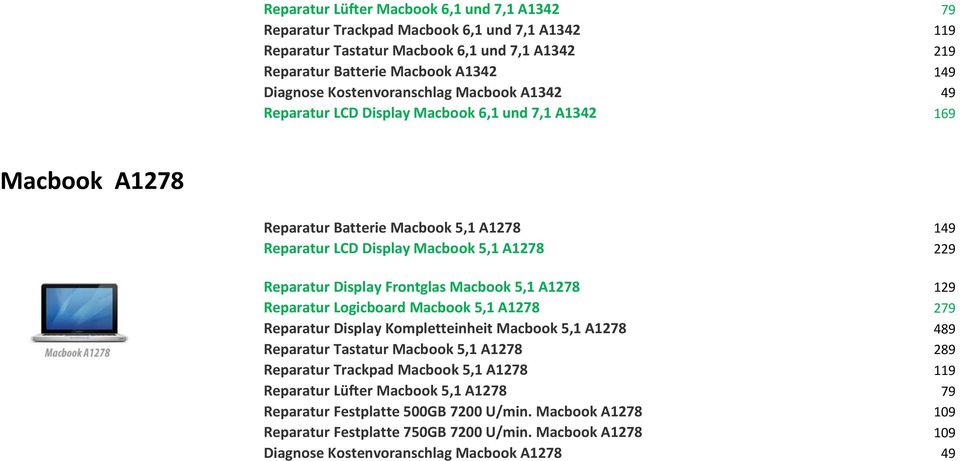 Display Frontglas Macbook 5,1 A1278 129 Reparatur Logicboard Macbook 5,1 A1278 279 Reparatur Display Kompletteinheit Macbook 5,1 A1278 489 Reparatur Tastatur Macbook 5,1 A1278 289 Reparatur Trackpad