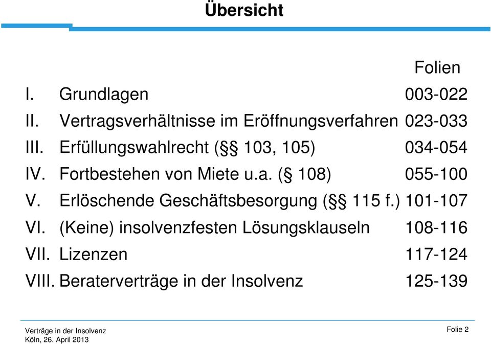 Erfüllungswahlrecht ( 103, 105) 034-054 IV. Fortbestehen von Miete u.a. ( 108) 055-100 V.