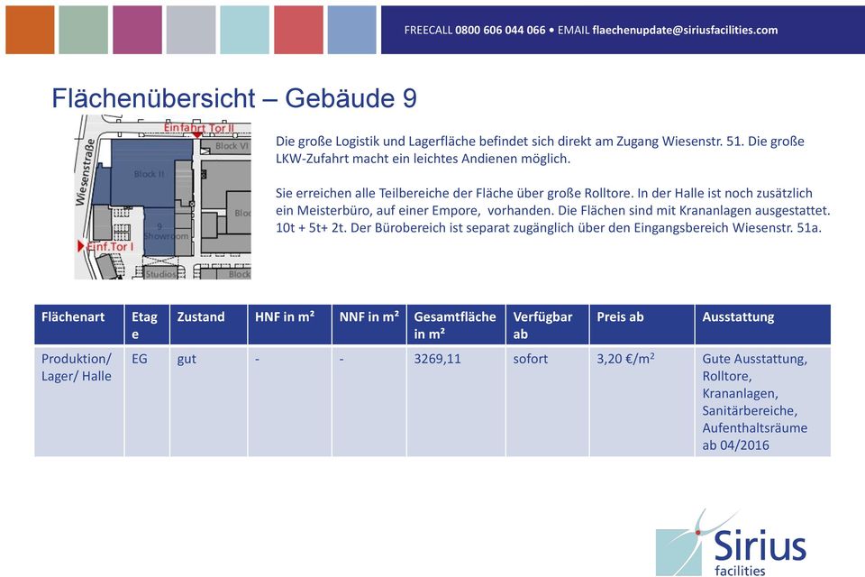 In der Halle ist noch zusätzlich ein Meisterbüro, auf einer Empore, vorhanden. Die Flächen sind mit Krananlagen ausgestattet. 10t + 5t+ 2t.