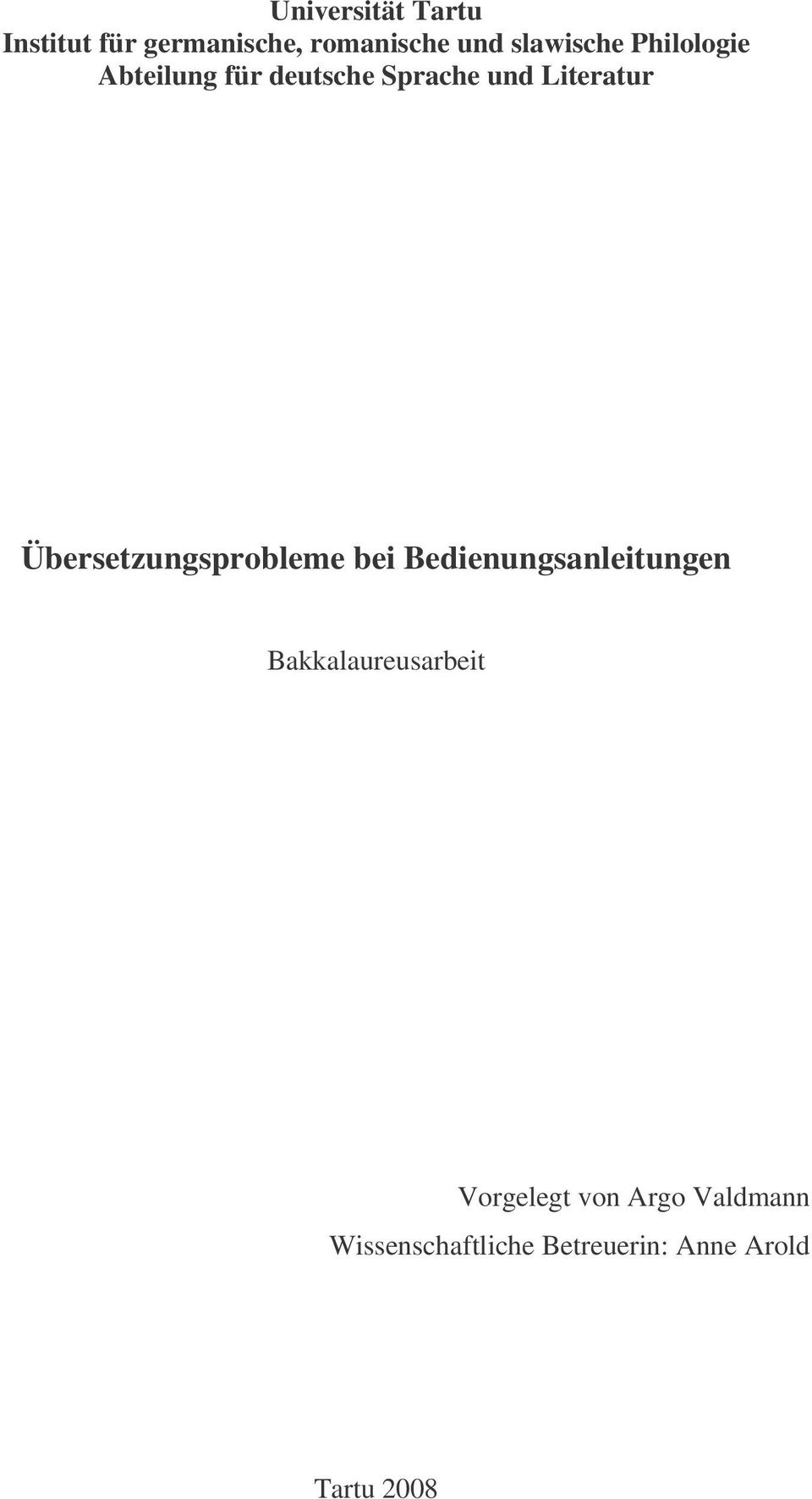 Übersetzungsprobleme bei Bedienungsanleitungen Bakkalaureusarbeit