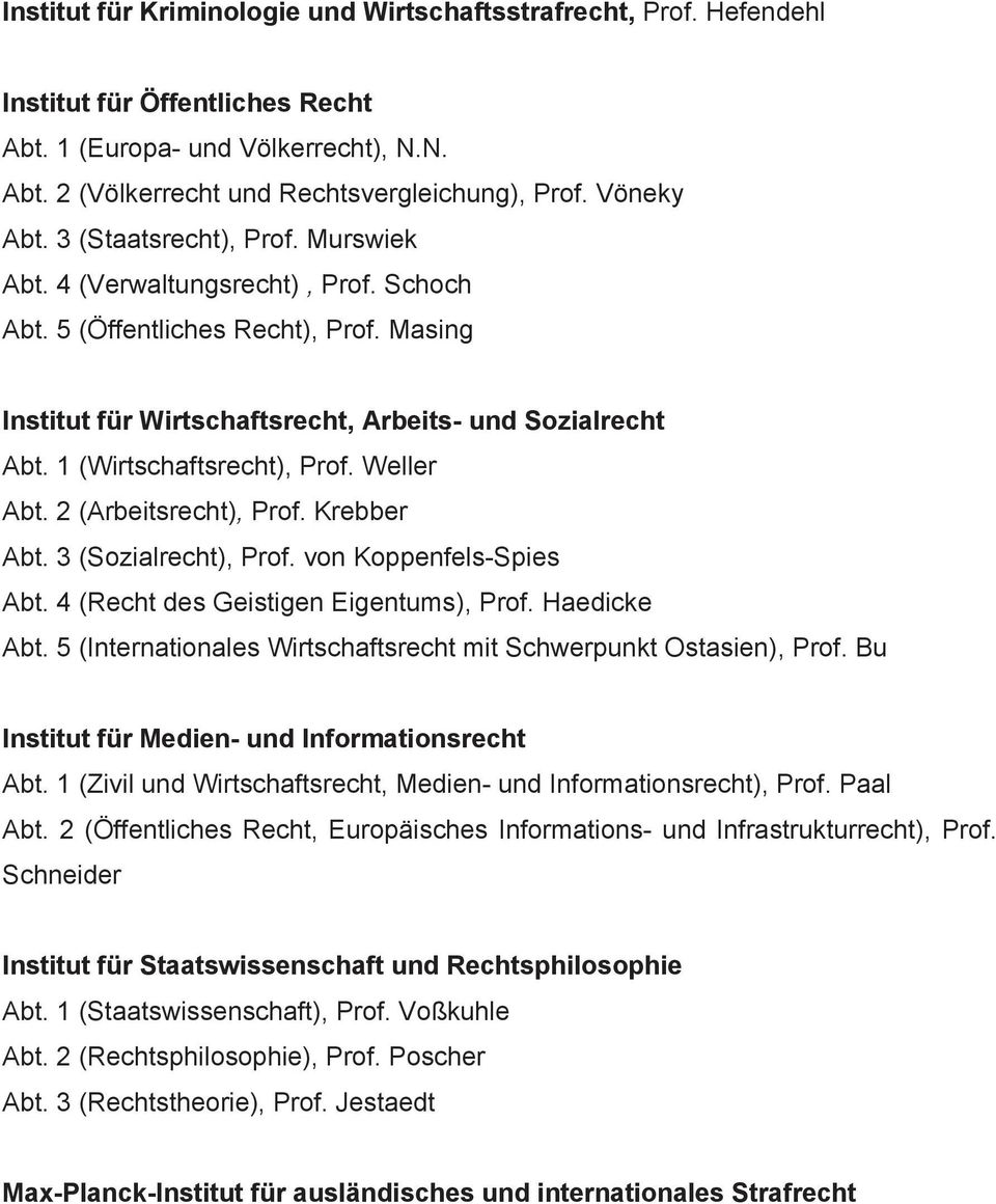 1 (Wirtschaftsrecht), Prof. Weller Abt. 2 (Arbeitsrecht), Prof. Krebber Abt. 3 (Sozialrecht), Prof. von Koppenfels-Spies Abt. 4 (Recht des Geistigen Eigentums), Prof. Haedicke Abt.