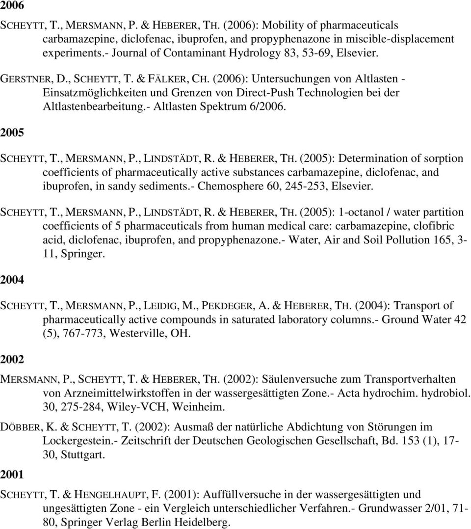 (2006): Untersuchungen von Altlasten - Einsatzmöglichkeiten und Grenzen von Direct-Push Technologien bei der Altlastenbearbeitung.- Altlasten Spektrum 6/2006. 2005 SCHEYTT, T., MERSMANN, P.