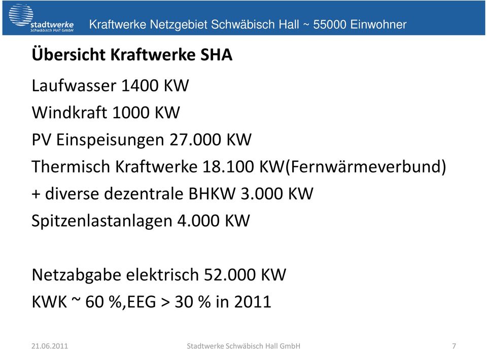 100 KW(Fernwärmeverbund) + diverse dezentrale BHKW 3.000 KW Spitzenlastanlagen 4.