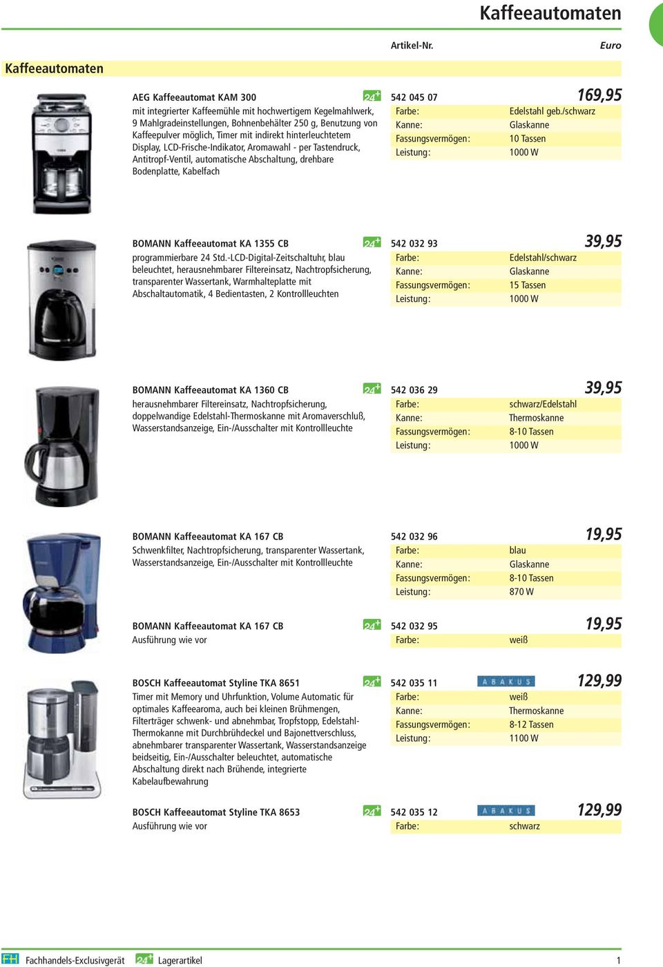 Edelstahl geb./schwarz Kanne: Glaskanne Fassungsvermögen: 10 Tassen 1000 W BOMANN Kaffeeautomat KA 1355 CB programmierbare 24 Std.