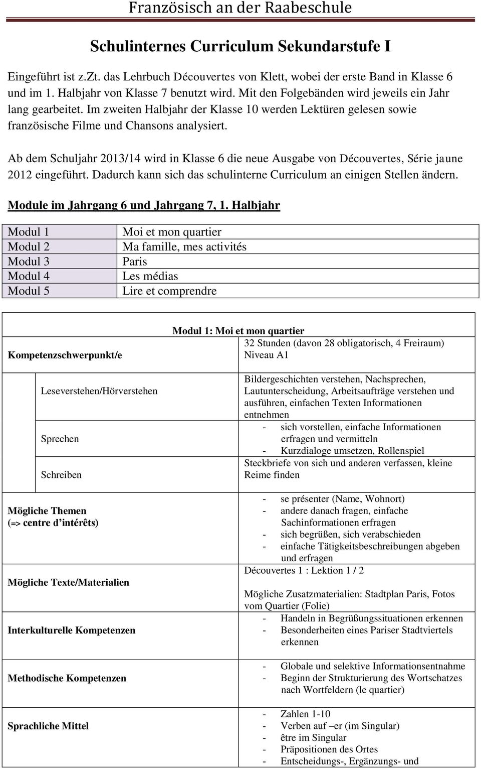 Ab dem Schuljahr 2013/14 wird in Klasse 6 die neue Ausgabe von Découvertes, Série jaune 2012 eingeführt. Dadurch kann sich das schulinterne Curriculum an einigen Stellen ändern.