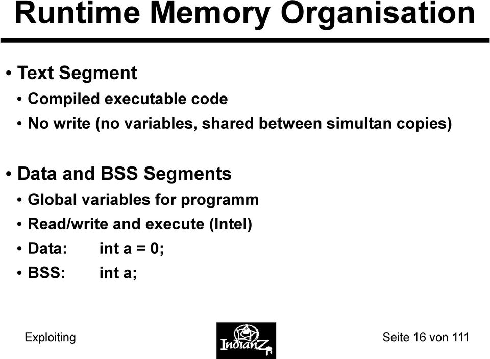 BSS Segments Global variables for programm Read/write and execute