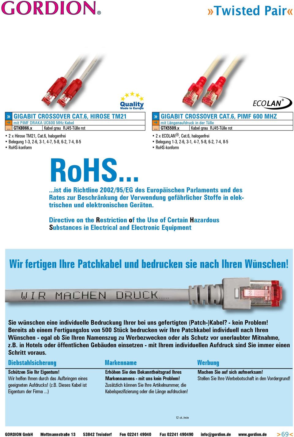 6, halogenfrei Belegung 1-3, 2-6, 3-1, 4-7, 5-8, 6-2, 7-4, 8-5 RoHS.