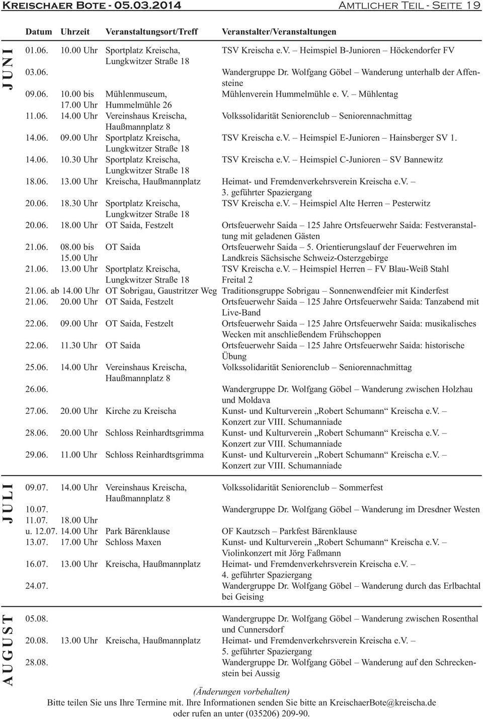 00 bis Mühlenmuseum, Mühlenverein Hummelmühle e. V. Mühlentag 17.00 Uhr Hummelmühle 26 11.06. 14.00 Uhr Vereinshaus Kreischa, Volkssolidarität Seniorenclub Seniorennachmittag Haußmannplatz 8 14.06. 09.