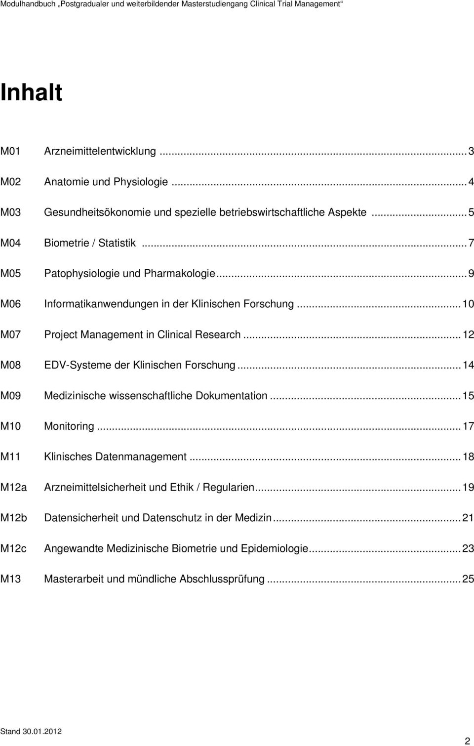 .. 12 M08 EDV-Systeme der Klinischen Forschung... 14 M09 Medizinische wissenschaftliche Dokumentation... 15 M10 Monitoring... 17 M11 Klinisches Datenmanagement.