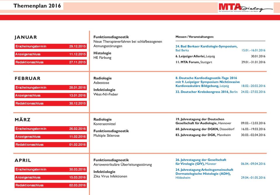 Bad Berkaer Kardiologie-Symposium, Bad Berka 15.01. 16.01.2016 6. Leipziger Allerlei, Leipzig 30.01.2016 11. MTA Forum, Stuttgart 29.01. 31.01.2016 FEBRUAR Erscheinungstermin 28.01.2016 Anzeigenschluss 13.