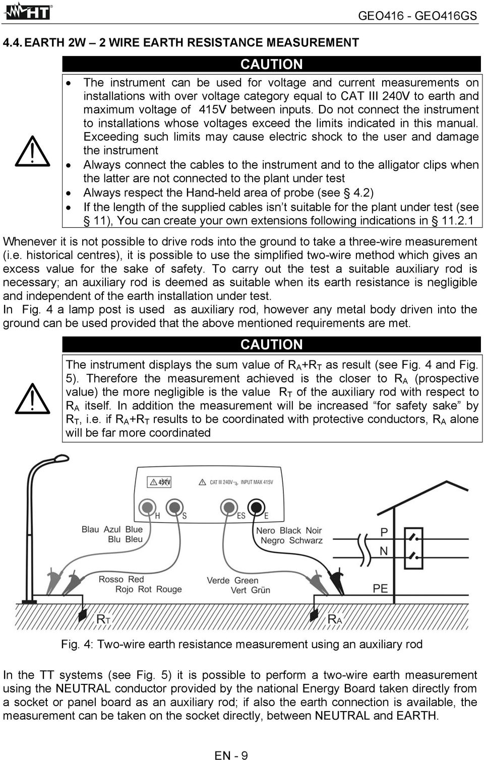 Exceeding such limits may cause electric shock to the user and damage the instrument Always connect the cables to the instrument and to the alligator clips when the latter are not connected to the