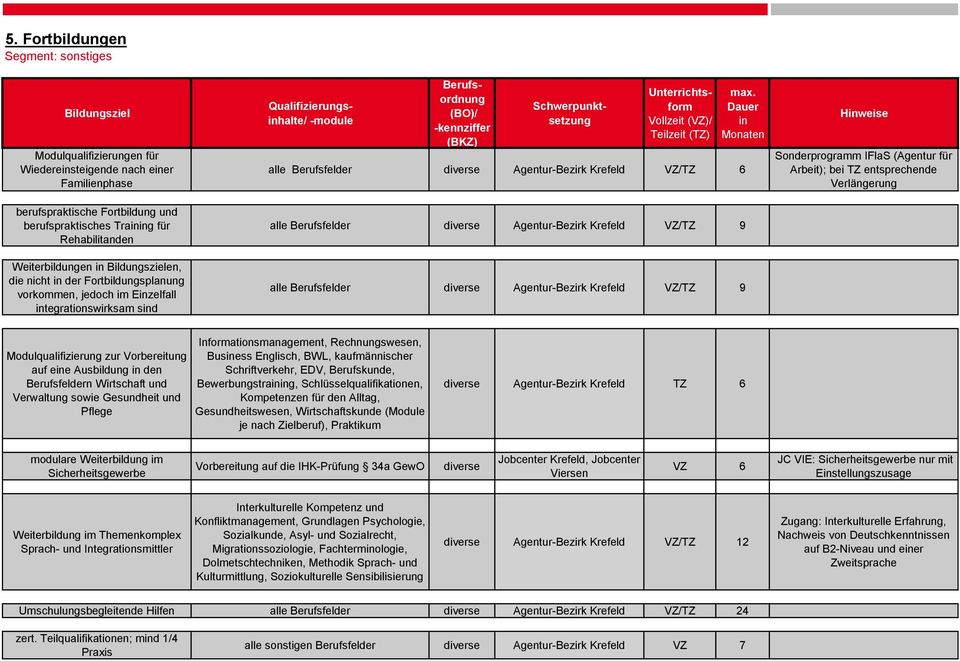 Sonderprogramm IFlaS (Agentur für Arbeit); bei TZ entsprechende Verlängerung Modulqualifizierung zur Vorbereitung auf ee Ausbildung den Berufsfeldern Wirtschaft und Verwaltung sowie Gesundheit und