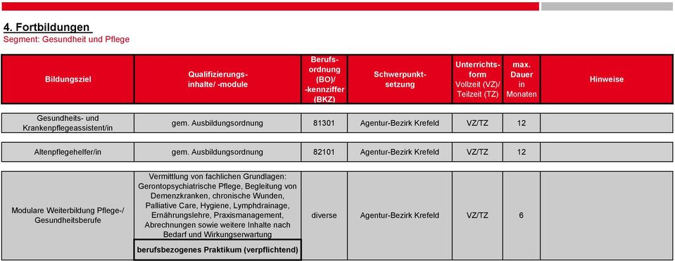 Ausbildungsordnung 82101 VZ/TZ 12 Modulare Weiterbildung Pflege-/ Gesundheitsberufe Vermittlung von fachlichen Grundlagen: