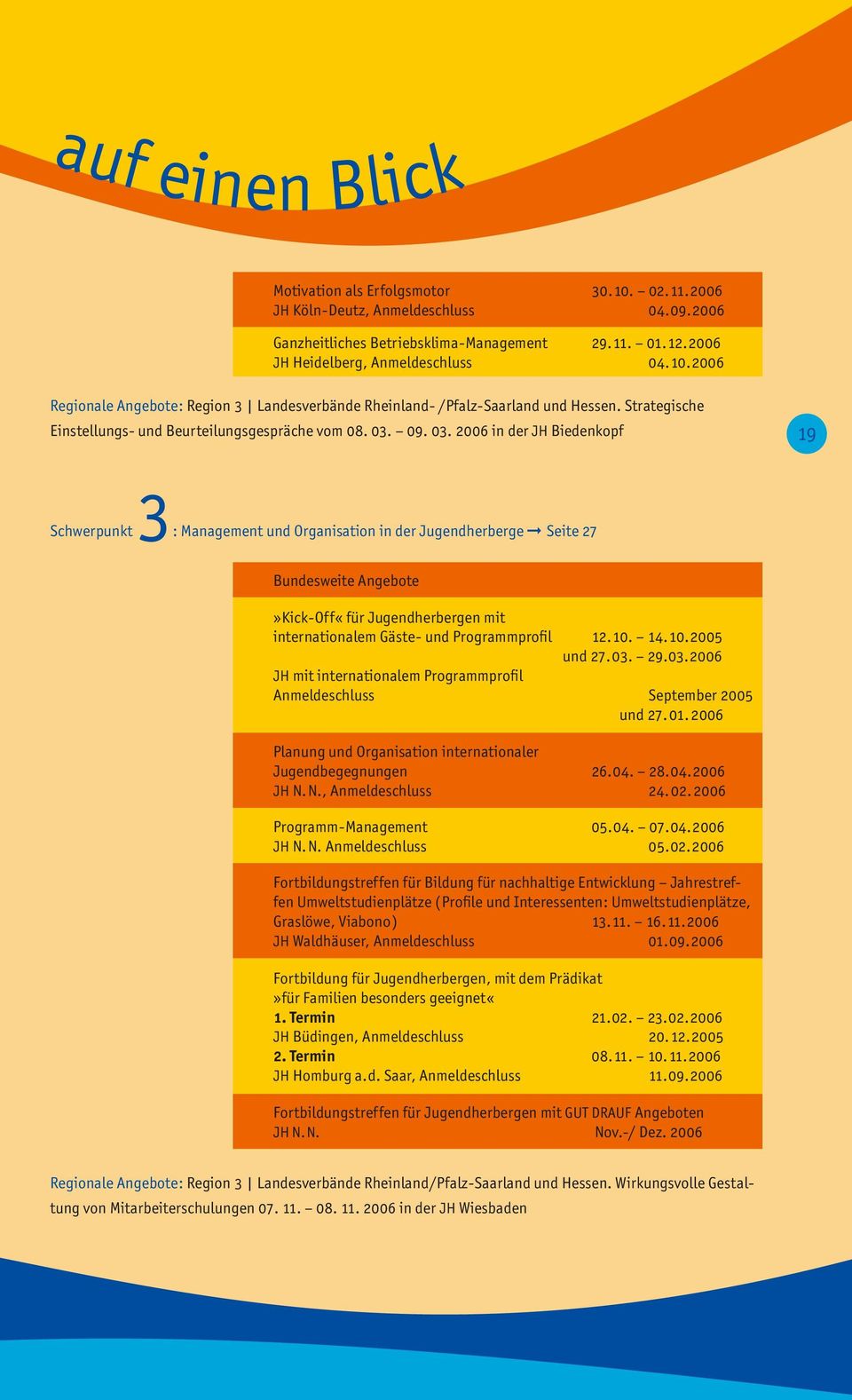 03. 2006 in der JH Biedenkopf 19 3 Schwerpunkt : Management und Organisation in der Jugendherberge Seite 27 Bundesweite Angebote» Kick - Off «für Jugendherbergen mit internationalem Gäste - und