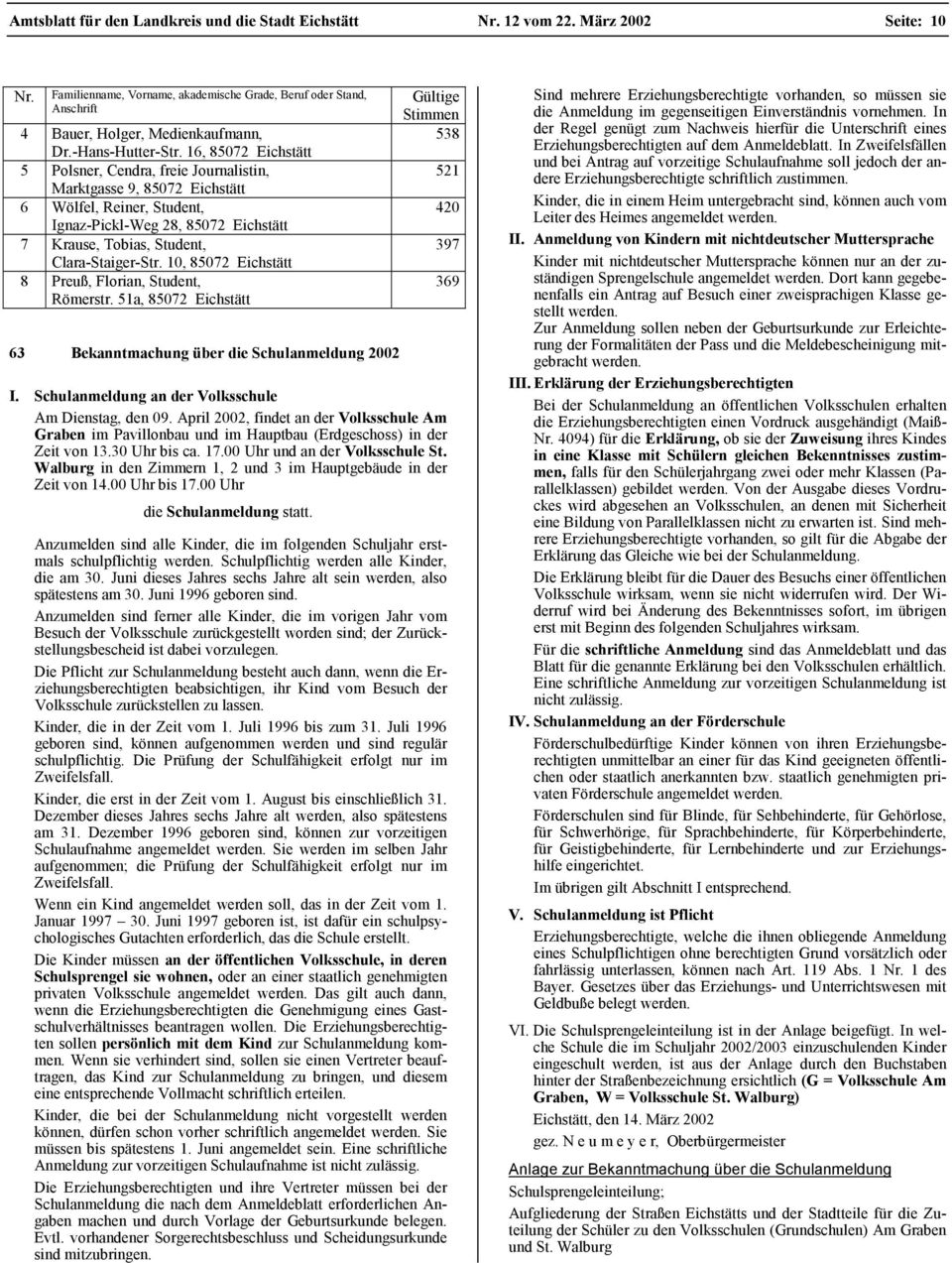 51a, 63 Bekanntmachung über die Schulanmeldung 2002 538 I. Schulanmeldung an der Volksschule Am Dienstag, den 09.