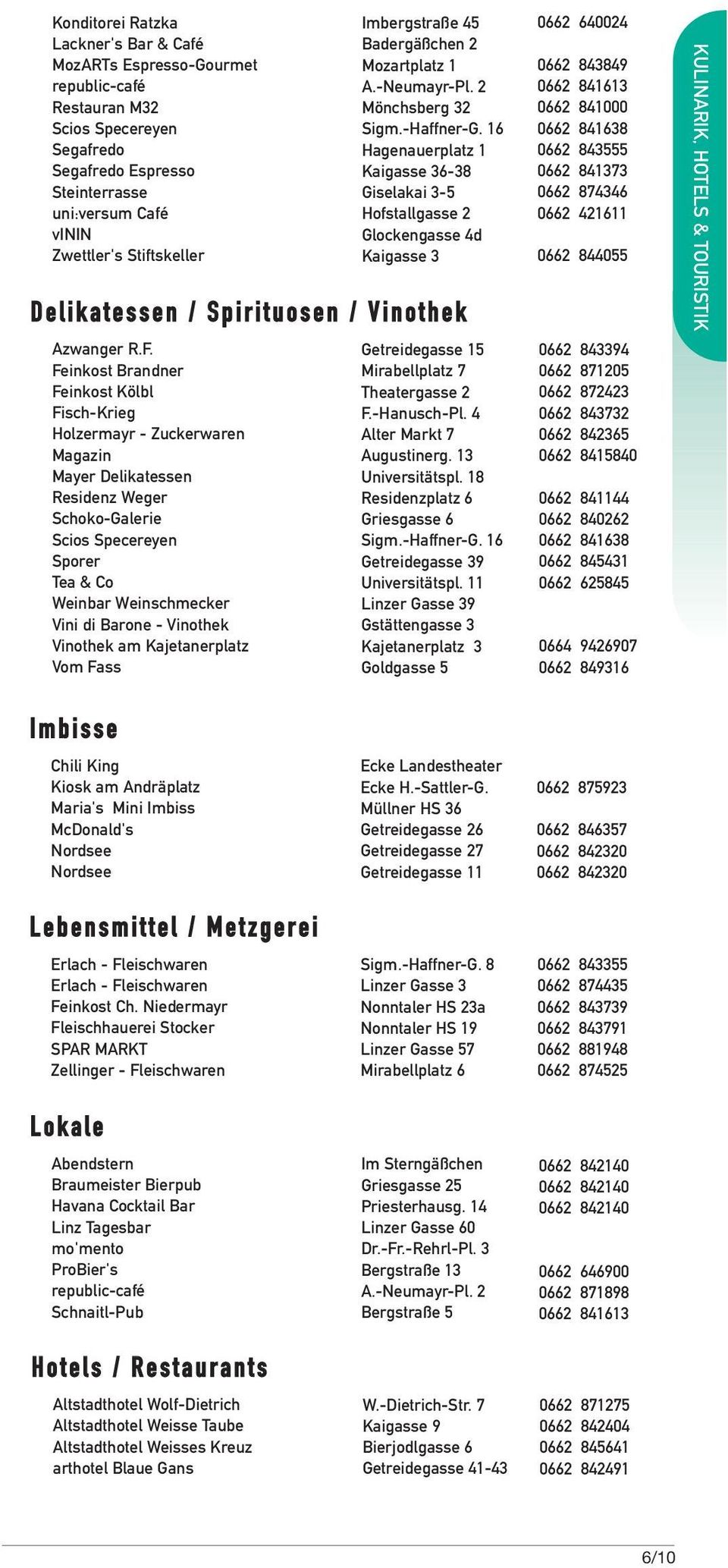 16 Hagenauerplatz 1 Kaigasse 36-38 Giselakai 3-5 Hofstallgasse 2 Glockengasse 4d Kaigasse 3 D e l i k a t e s s e n / S p i r i t u o s e n / V i n o t h e k Azwanger R.F.