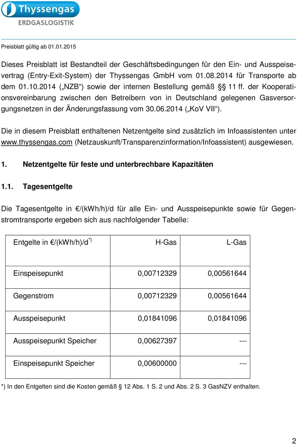 2014 ( KoV VII ). Die in diesem Preisblatt enthaltenen Netzentgelte sind zusätzlich im Infoassistenten unter www.thyssengas.com (Netzauskunft/Transparenzinformation/Infoassistent) ausgewiesen. 1.